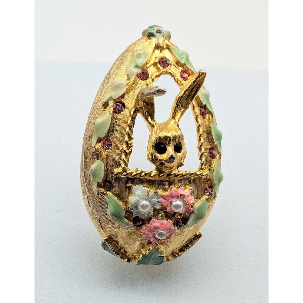 Vtg Mylu Easter Egg Bunny Brooch Pin Rhinestone Enamel Gold Tone